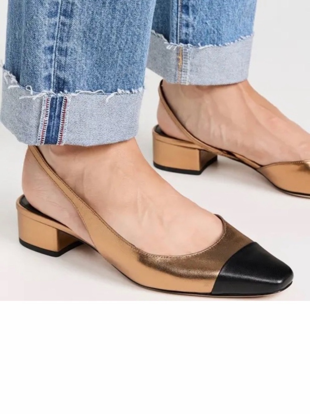 Metallic Bronze Slingback Block Heel Pumps with Black Cap Toe - Picture 7 of 9